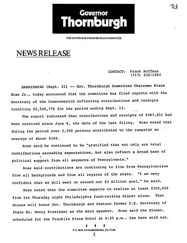 Governor Thornburgh Committee announced that they filed reports reflecting contributions of more than $2,526,776 for period ending September 13