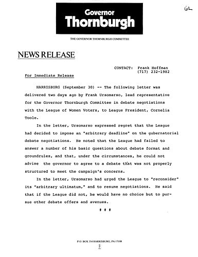 Letter from Frank Ursomarso, lead representative for Governor Thornburgh Committee in debate negotiations with the League of Women Voters, to League President, Cornelia Toole