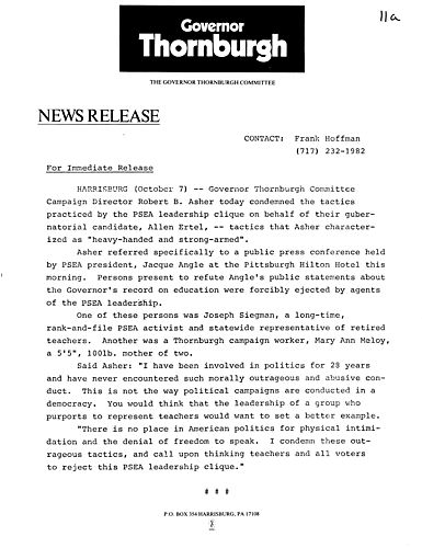 Governor Thornburgh Committee condemned the tactics practiced by the PSEA leadership clique on behalf of their gubernatorial candidate, Allen Ertel