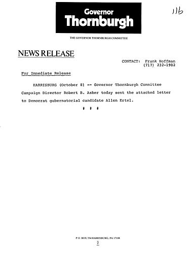 Letter to Ertel regarding his increasing reliance on ex-Governor Milton Shapp as a major spokesman