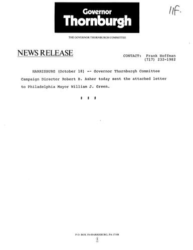 Letter to Philadelphia Mayor William J. Green regarding October 14 Mailgram requesting a debate with Allen Ertel