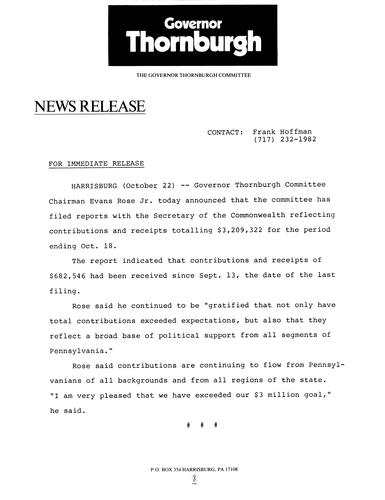 Governor Thornburgh Committee filed reports reflecting contributions and receipts totaling $3,209,322 for period ending October 18