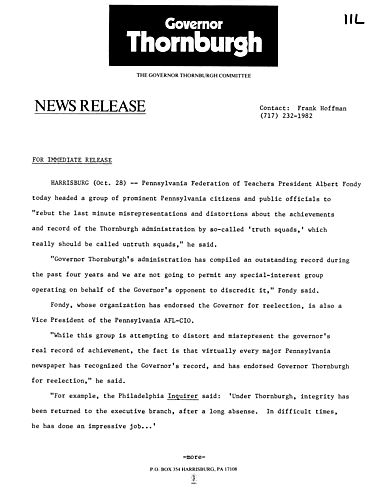 PA Federation of Teachers President Albert Fondy rebuts misrepresentations and distortions about achievements of Thornburgh's administration