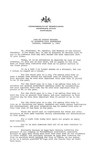 1981-1982 Budget Address before the Pennsylvania General Assembly, Harrisburg, PA