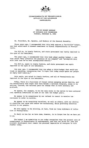 1982-1983 Budget Address before the General Assembly, Harrisburg, PA