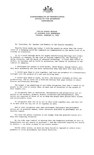 1983-1984 Budget Address Before the General Assembly, Harrisburg, PA