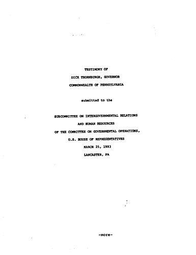 Testimony submitted to the Subcommittee on Intergovernmental Relations and Human Resources of the Committee on Governmental Operations, U.S. House of Representatives, Lancaster, PA