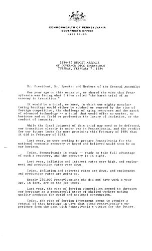 "Pennsylvania is Ready," 1984-1985 Budget Address Before the General Assembly, Harrisburg, PA