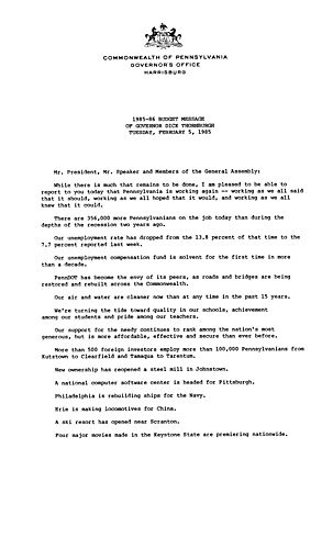 1985-1986 Budget Address Before the General Assembly, Harrisburg, PA