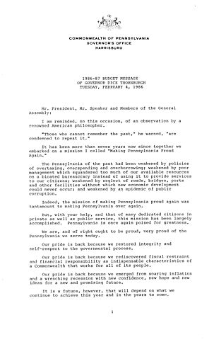 1986-1987 Budget Address Before the General Assembly, Harrisburg, PA