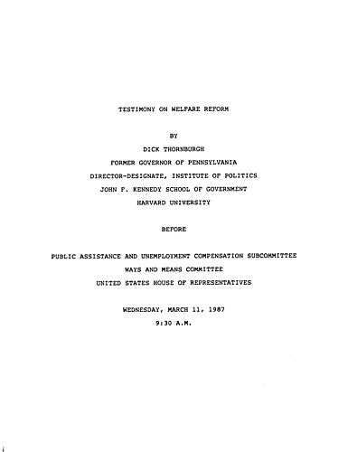 "Testimony on Welfare Reform," Before Public Assistance and Unemployment Compensation Subcommittee, Ways and Means Committee, Washington, DC