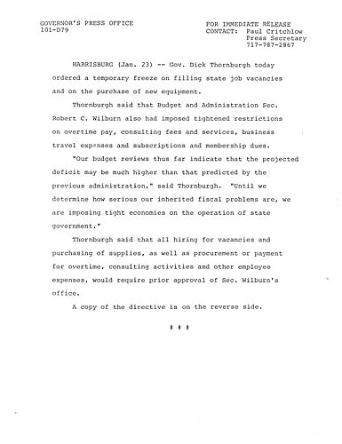 Temporary freeze on filling state job vacancies and new equipment purchases