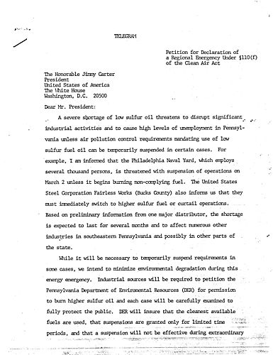 Telegram to President Jimmy Carter regarding low sulfur oil shortage