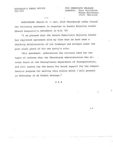 Statement to Senate Majority Leader Edward Zemprelli regarding amendment to House Bill 56 (Transportation Issues)