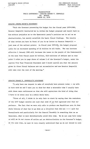 Transcription: Senator Edward P. Zemprelli's press conference re. budget