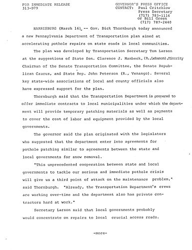 Announcement of new PennDOT plan regarding accelerating pothole repairs