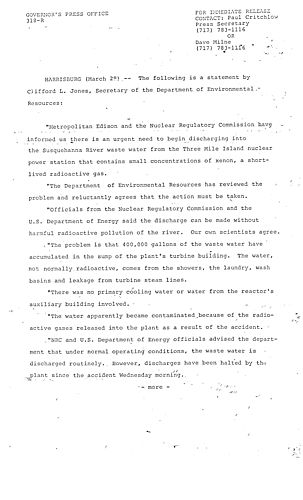 Statement by Clifford L. Jones, Secretary of DER regarding Three Mile Island (TMI) waste water