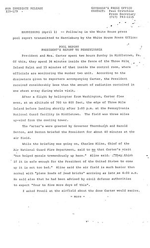 President's Report to Pennsylvania regarding Three Mile Island (TMI)