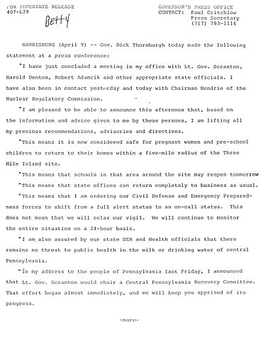 Thornburgh lifts all previous Three Mile Island (TMI) Recommendations, Advisories, and Directives