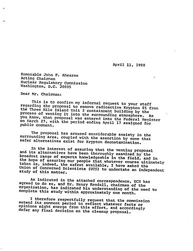 Letter to John F. Ahearne, Acting Chairman, NRC regarding krypton 85 removal from Three Mile Island (TMI) Unit 2