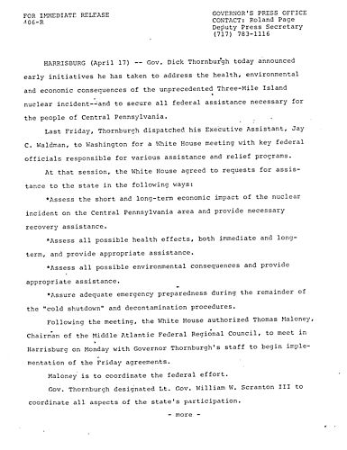 Initiatives to address health, environmental and economic consequences of Three Mile Island (TMI) nuclear incident
