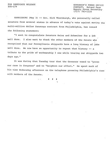 Calls Senators and Congressmen regarding Philadelphia shipyard "Saratoga" contract