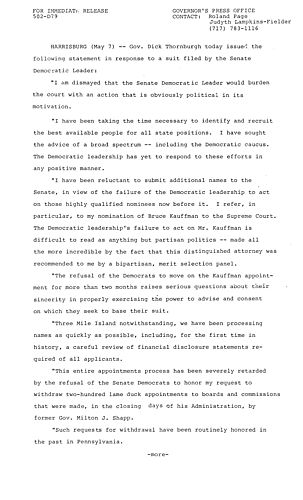 Statement in response to suit filed by Senate Democratic Leadership and appointment process