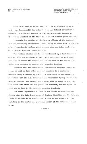 Lt. Governor submitted to federal government a proposal to study socio-economic impacts of Three Mile Island (TMI)