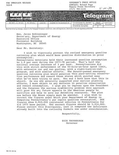 Telegram to James Schlesinger, Secretary of Department of Energy, protesting revised gasoline rationing plan