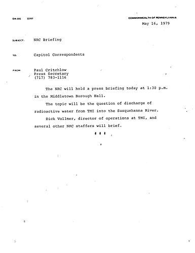 News Advisory: NRC briefing on discharge of radioactive water at Three Mile Island (TMI)