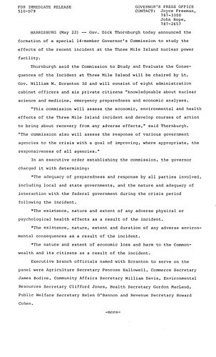 Announces formation of special 14 member Governor's Commission to study effects of Three Mile Island (TMI) incident