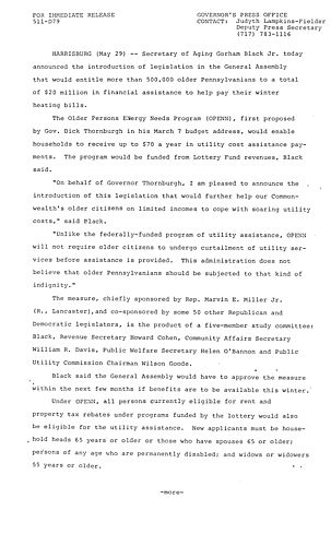 Secretary of Aging Gorham Black announces introduction of legislation regarding assistance to help pay winter heating bills