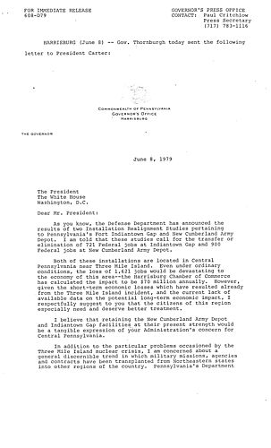 Letter to President Carter regarding installation realignment studies pertaining to PA's Fort Indiantown Gap and New Cumberland Army Depot