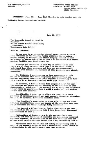 Letter to Joseph M. Hendrie, NRC Chairman regarding reactivating Three Mile Island (TMI) Unit 1