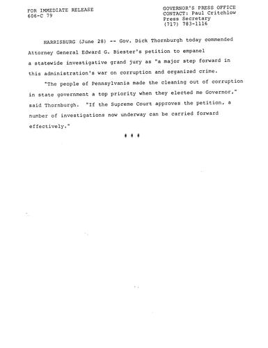 Commends Attorney General Biester's petition to empanel first state-wide investigative grand jury
