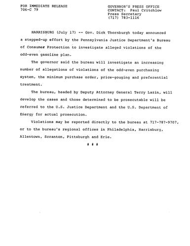 Announces investigation of alleged violations of odd-even gasoline plan