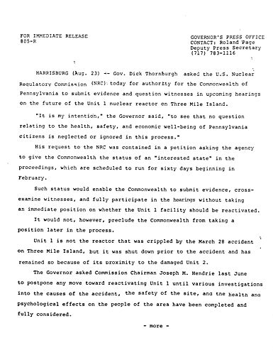 Asks NRC for authority to participate in upcoming Three Mile Island (TMI) hearings