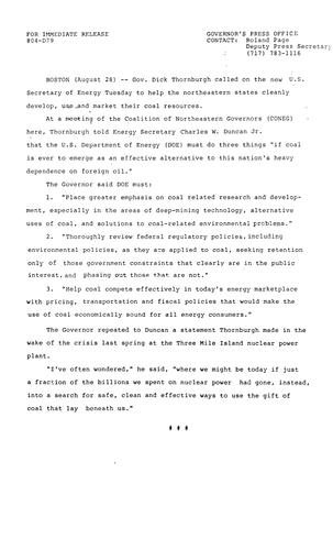 Calls on U.S. Energy Secretary Charles W. Duncan, Jr. to help northeastern states develop and market their coal