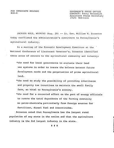 Lt. Governor Scranton: Economic Development Committee of National Conference of Lieutenant Governors