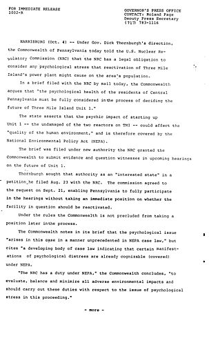 Commonwealth told NRC of legal obligation to consider psychological stress regarding Three Mile Island (TMI)