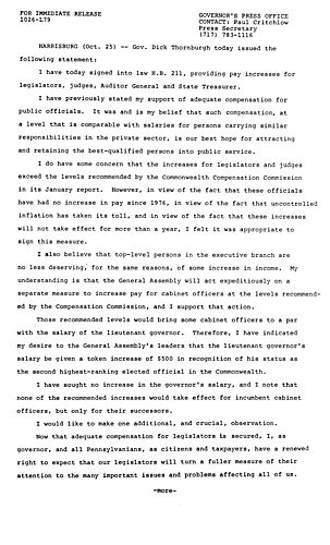 Statement: Signed H.B. 211, providing pay increases for legislators, judges, Auditor General and State Treasurer