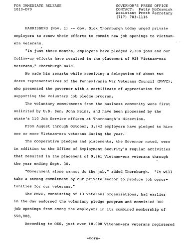 Urges private employers to commit job openings to Vietnam veterans