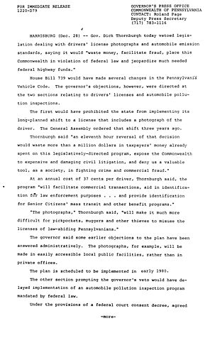 VETO: H.B. 739 which would have made changes in PA Vehicle Code