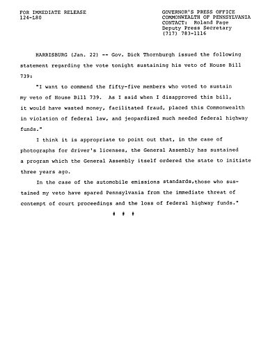 Veto Sustained: H.B. 739 Federal auto emission and photograph for driver's license programs
