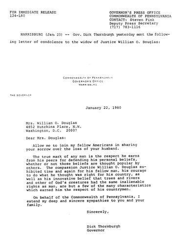 Letter of condolence to widow of Justice William O. Douglas