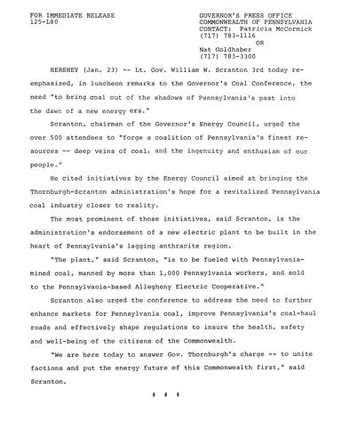 Lt. Governor Scranton: Remarks to the Governor's Coal Conference
