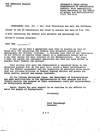 Letter to 55 legislators who sustained veto of H.B. 739
