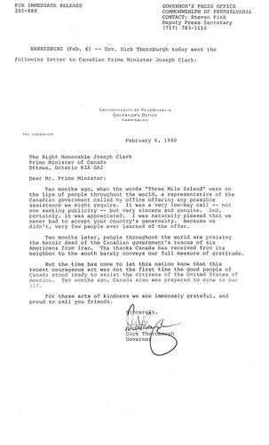 Letter to Canadian Prime Minister Joseph Clark