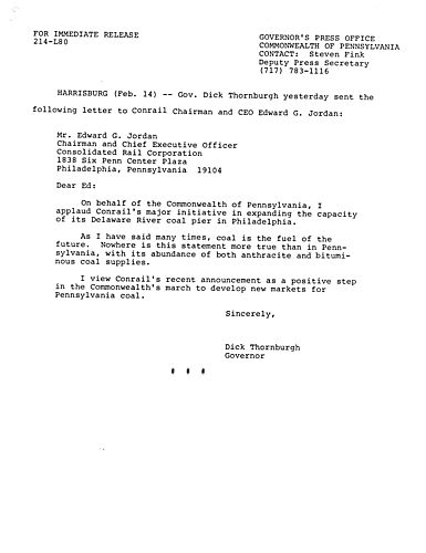 Letter to Conrail Chairman and CEO Edward G. Jordan