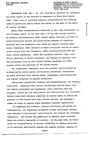 Lt. Governor Scranton: Results of Governor's Commission on Three Mile Island (TMI)